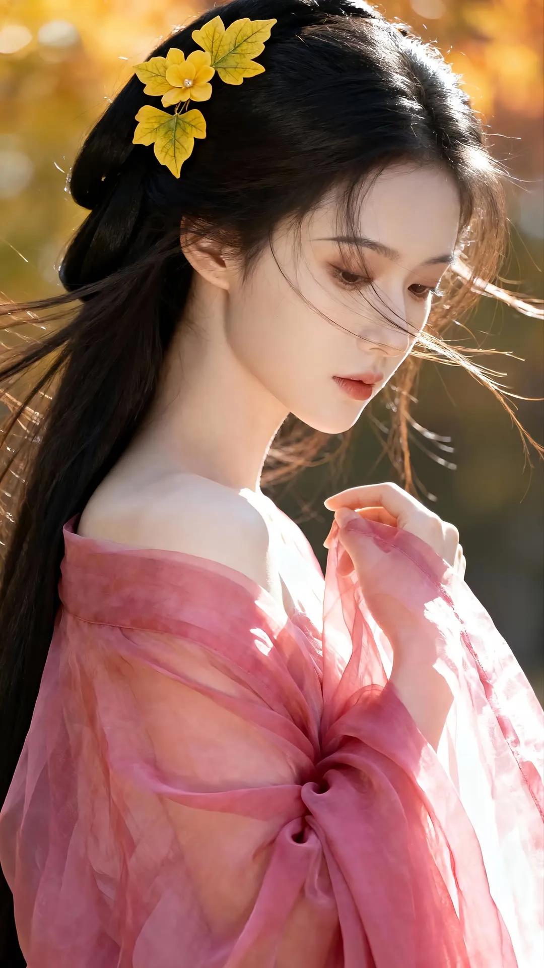 秋日暖阳下，少女轻纱飘逸，黄叶点缀发间，唯美如画。