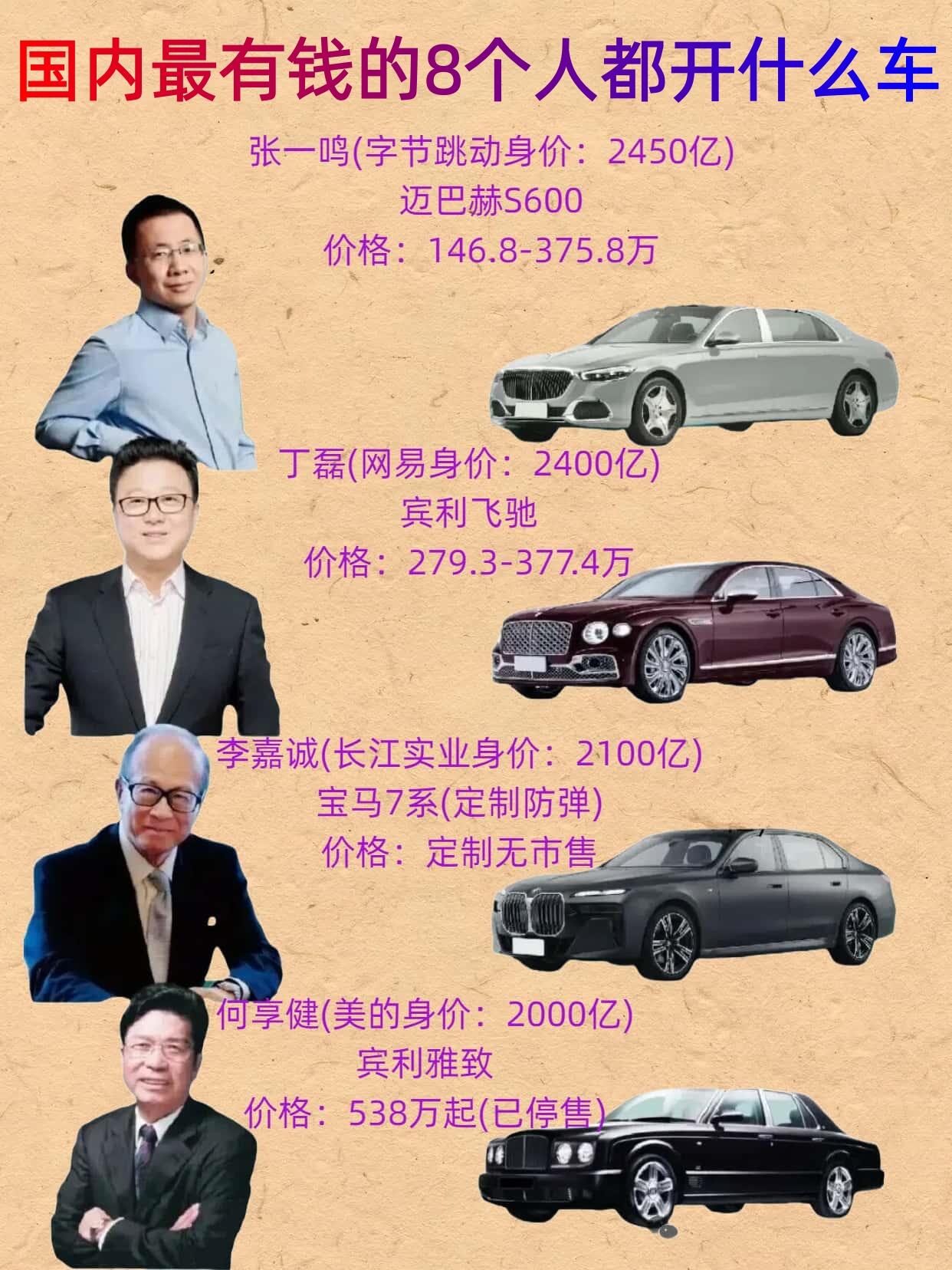 盘点国内最有钱的8个人的专属座驾，大佬们的品味绝了！扒了下国内最有钱的8位大佬的座驾，差距真挺大！张