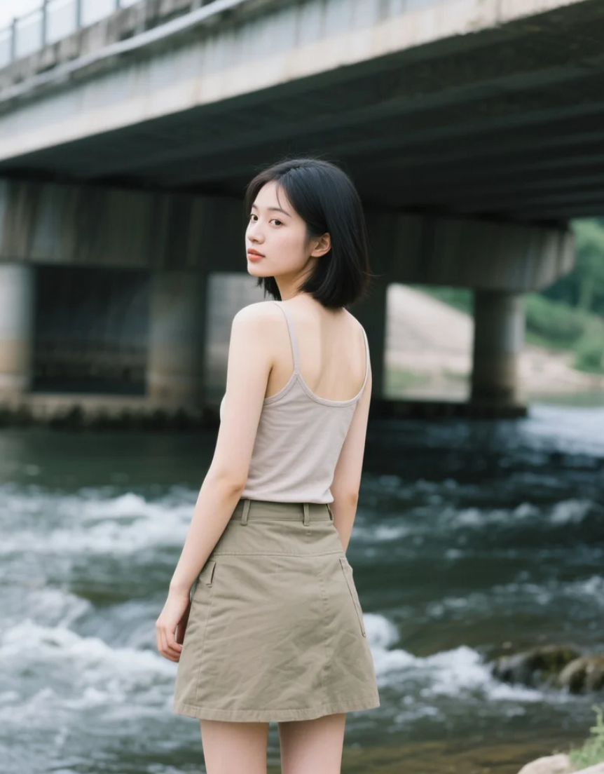 桥下的亚洲美女，展现文艺与自然融合之美