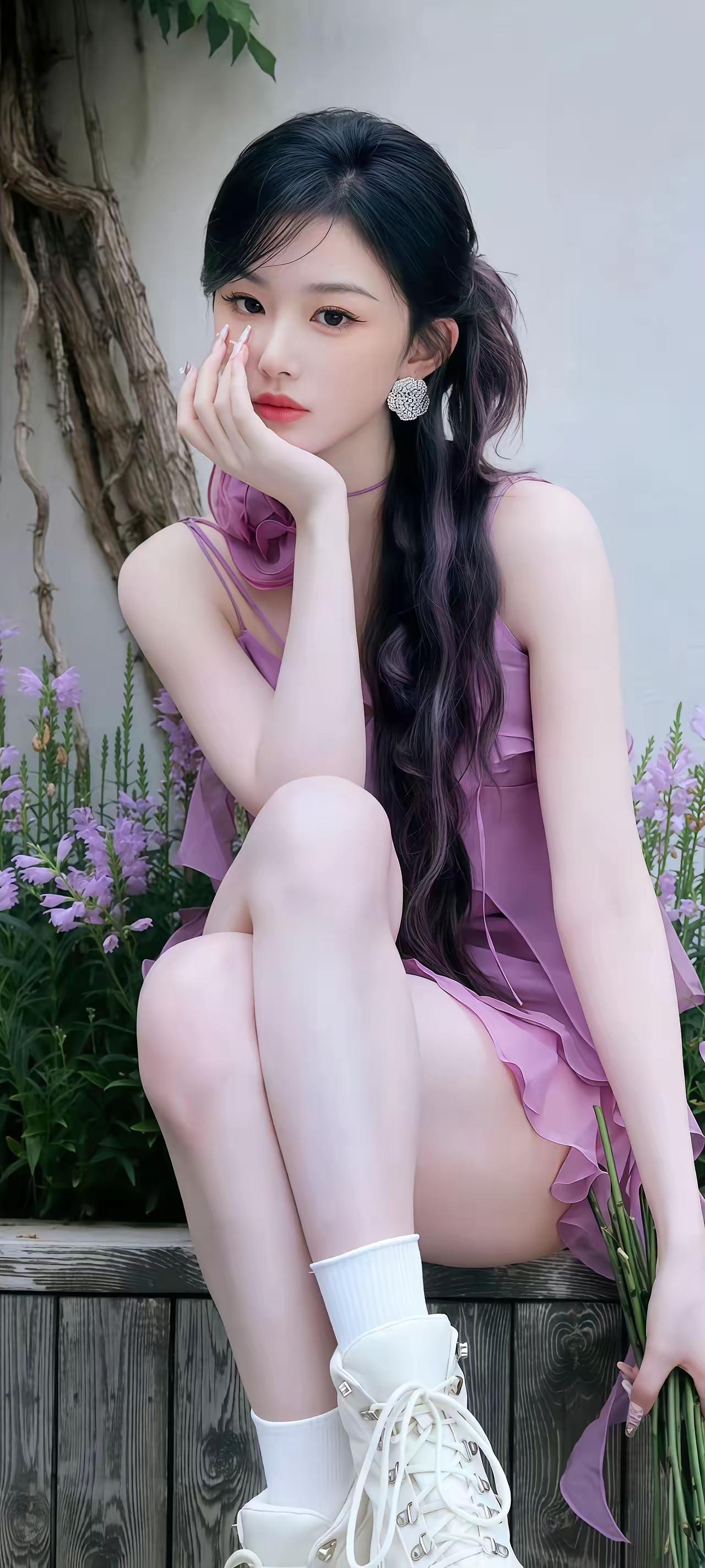 少女心爆棚的紫色连衣裙，搭配白色运动鞋，甜美又时尚！💖👗👟