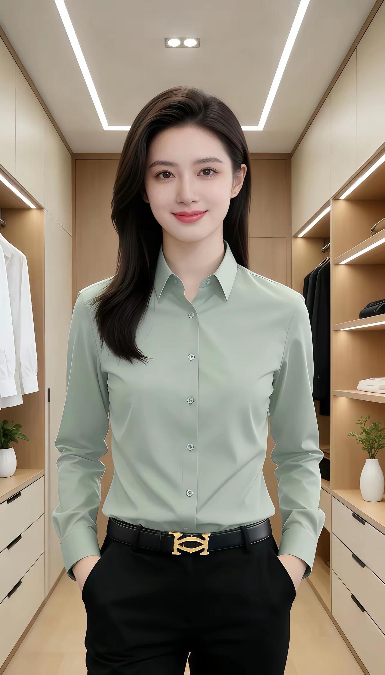 优雅职场风，浅绿色衬衫搭配黑色裤子，尽显干练气质！显高显瘦的职场着装