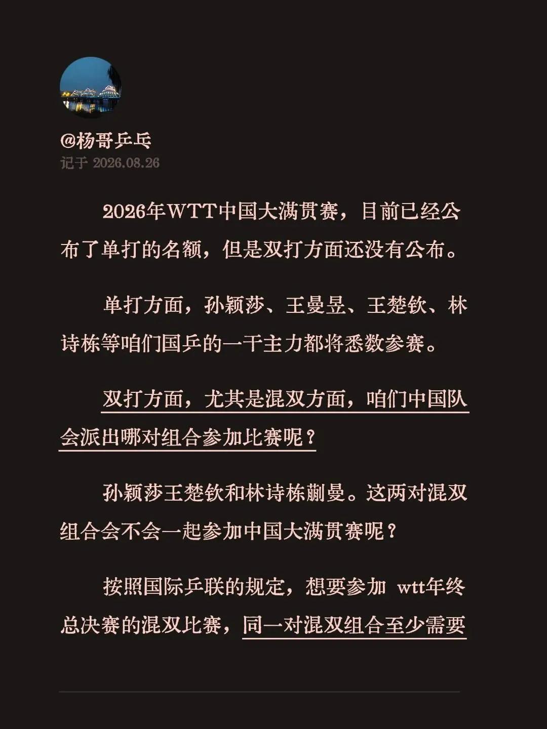 2026年WTT中国大满贯赛，目前已经公布了单打的名额，但是双打方面还没有公布。