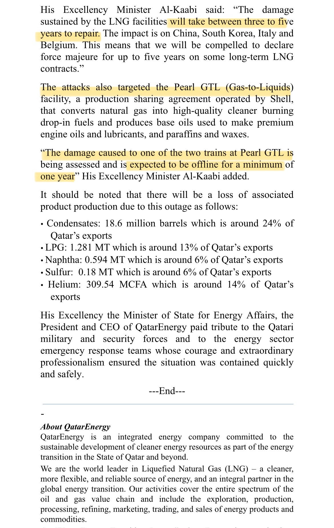 卡塔尔国有液化天然气巨头卡塔尔能源公司发表声明，详细介绍了夜间拉斯拉凡导弹袭击造