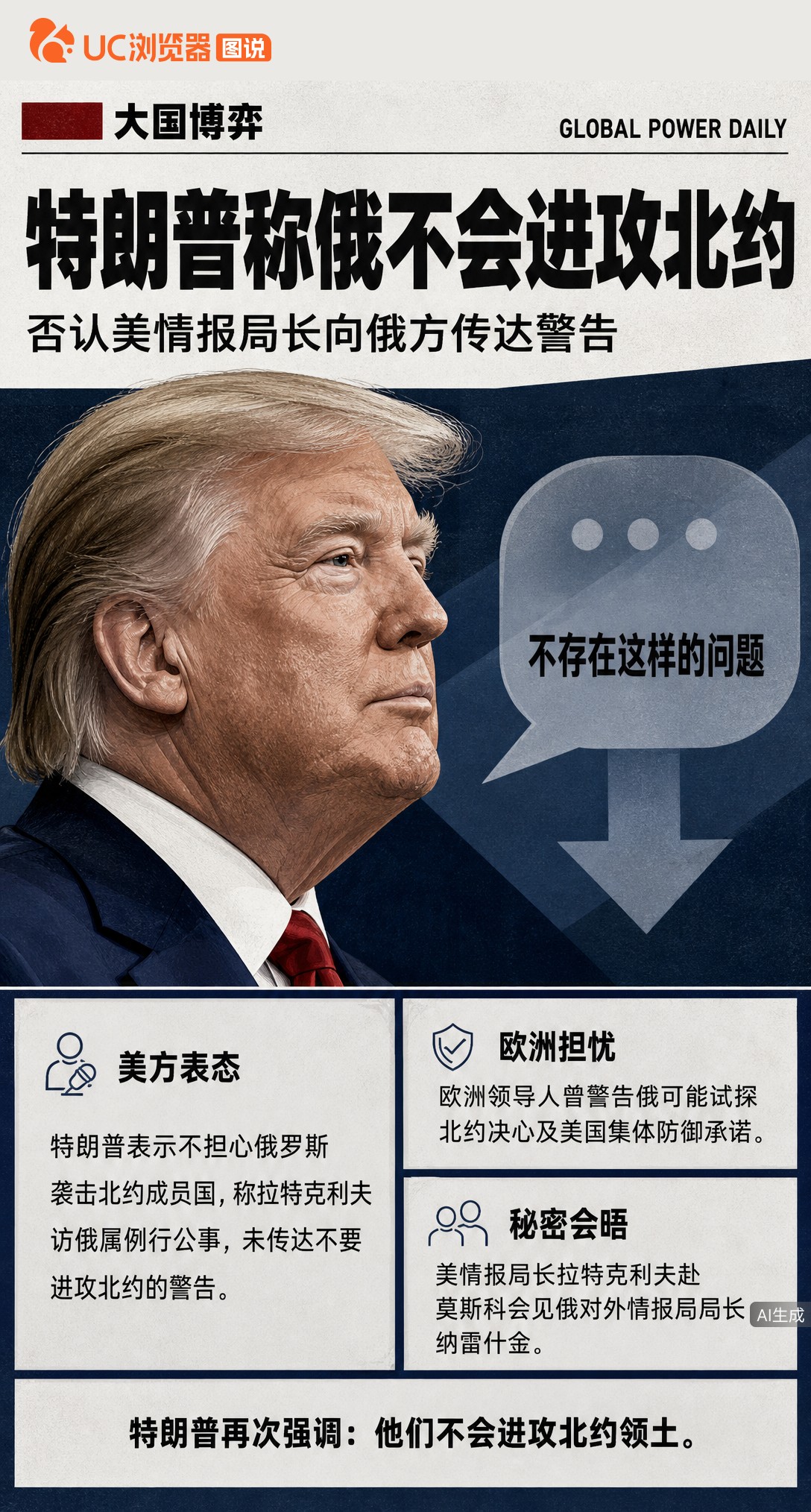 欧洲担心俄试探北约，特朗普却说不担心、不存在这问题。CIA局长秘密访俄被解读为警告，他否认称只是例行