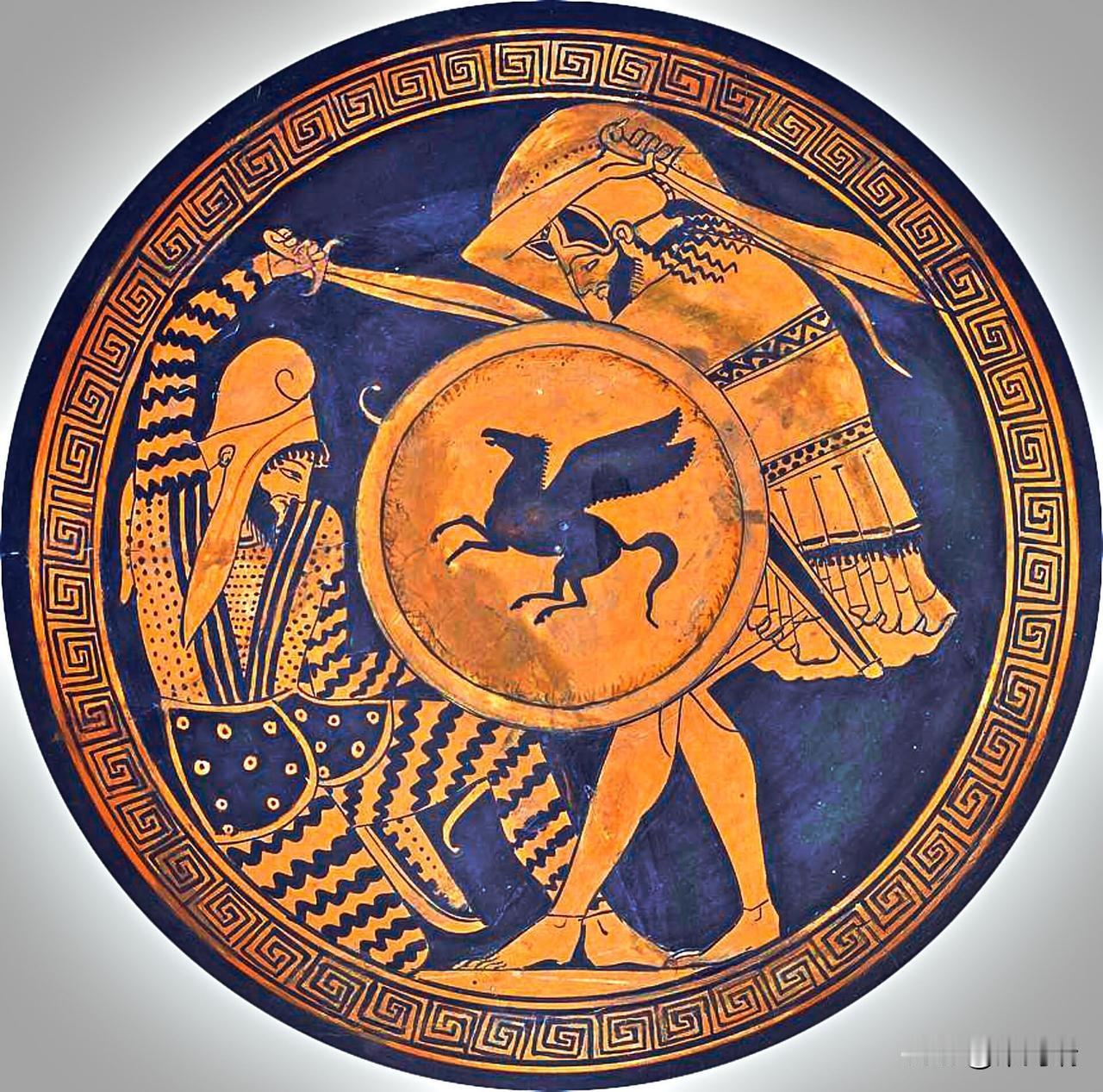 这幅著名的艺术作品是古希腊时期红绘风格的基里克斯酒杯（Kylix）的内部画（To