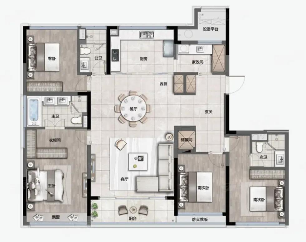 四房三卫的格局，刚需改善一步到位！餐客通厅方正通透，中西双厨设计，中厨爆炒