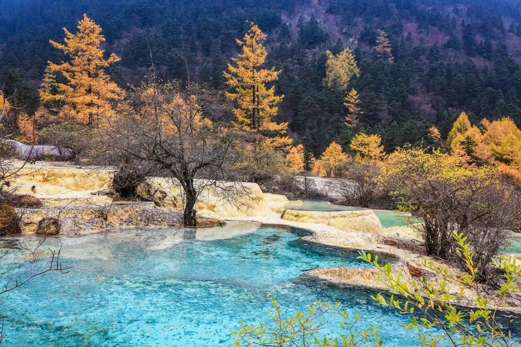 黄龙，被誉为“人间瑶池”；栈道的尽头是黄龙寺，远处便是绵延雪山，云雾缭绕，如入仙