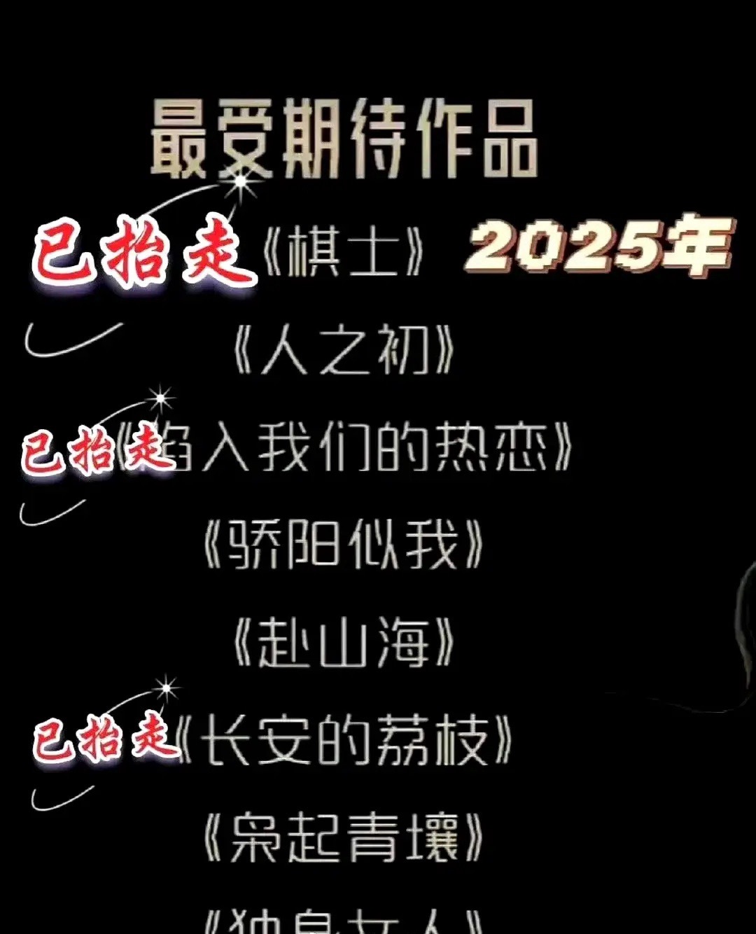 鹅2025年最期待的八部影视剧，目前抬走三部，剩下的你最看好谁？已抬走的:《棋士