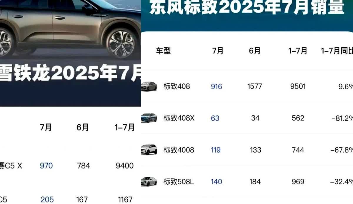 7月标致只卖出1418辆，雪铁龙更惨，1175辆。网友@小狮子铁粉留言：“我30