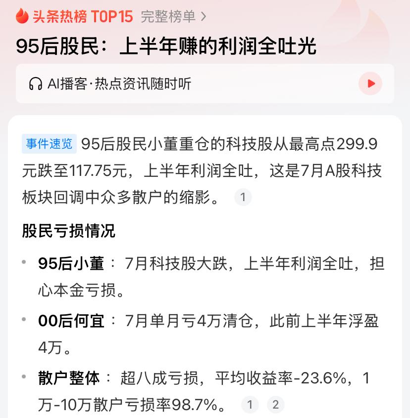 95后股民：上半年赚的利润全吐光最近社交平台上不少95后股民在吐槽，上半年靠