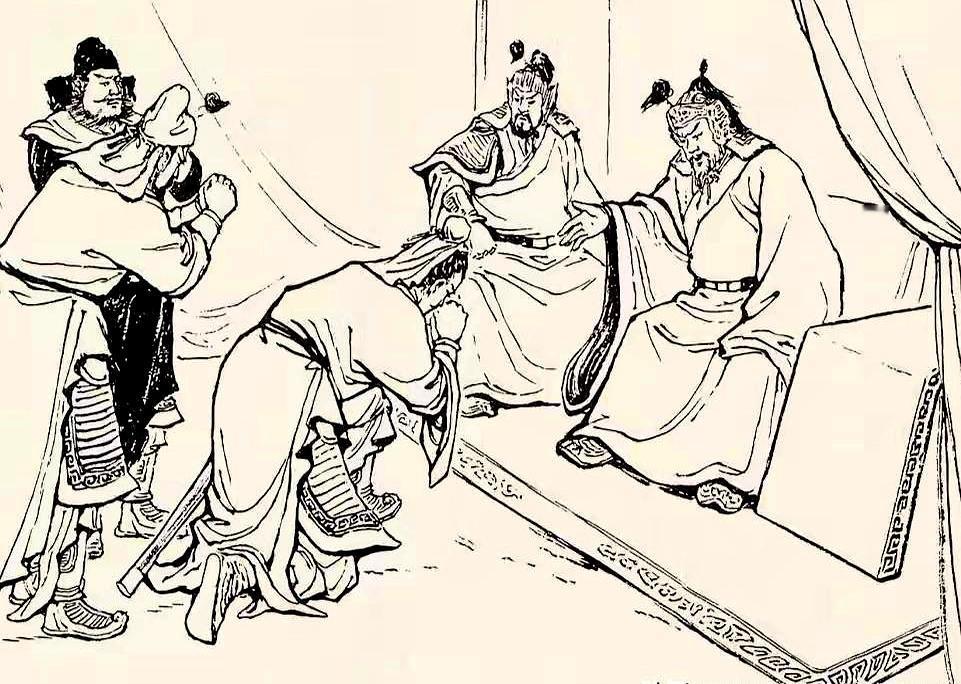 好家伙，刘皇叔都跪下了，关羽张飞也跟着抱拳行礼，对面那位居然坐得稳稳当当，连眼皮