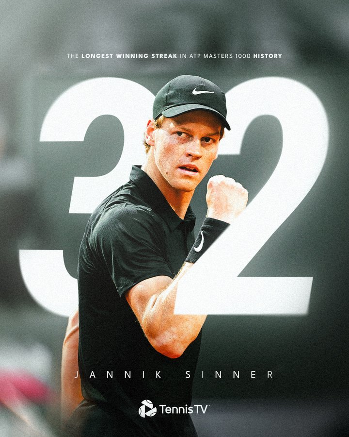 卢布列夫在第二盘掀起了一点水花，但不足以终结辛纳的疯狂连胜，辛纳成为历史第一人：