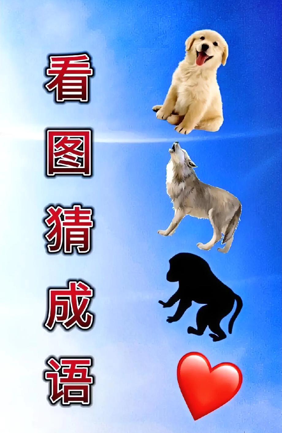 这图猜成语能难倒80%的人！两只狗+猴子+爱心，你能猜出是啥吗？