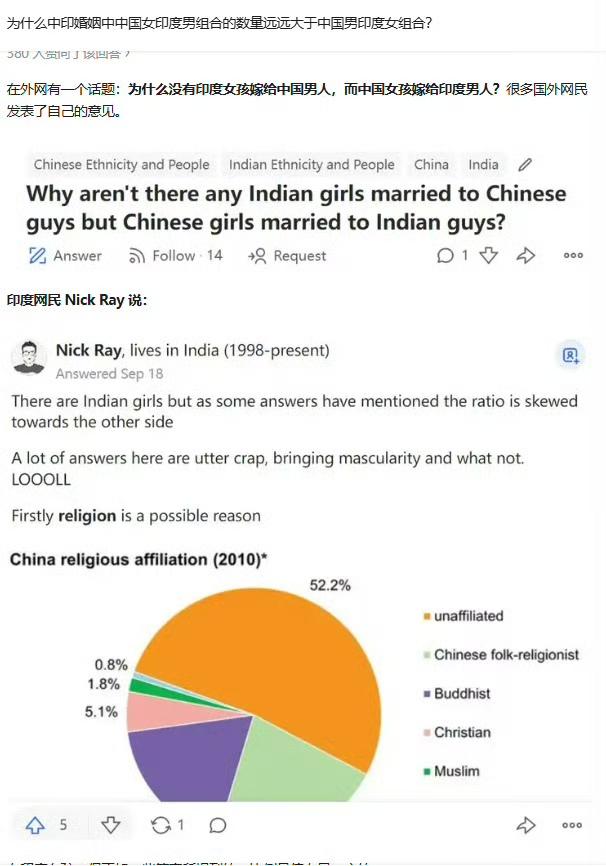 外网讨论为什么很多中国女性嫁给印度男性，而印度女性嫁给中国男性却极少？对此，印