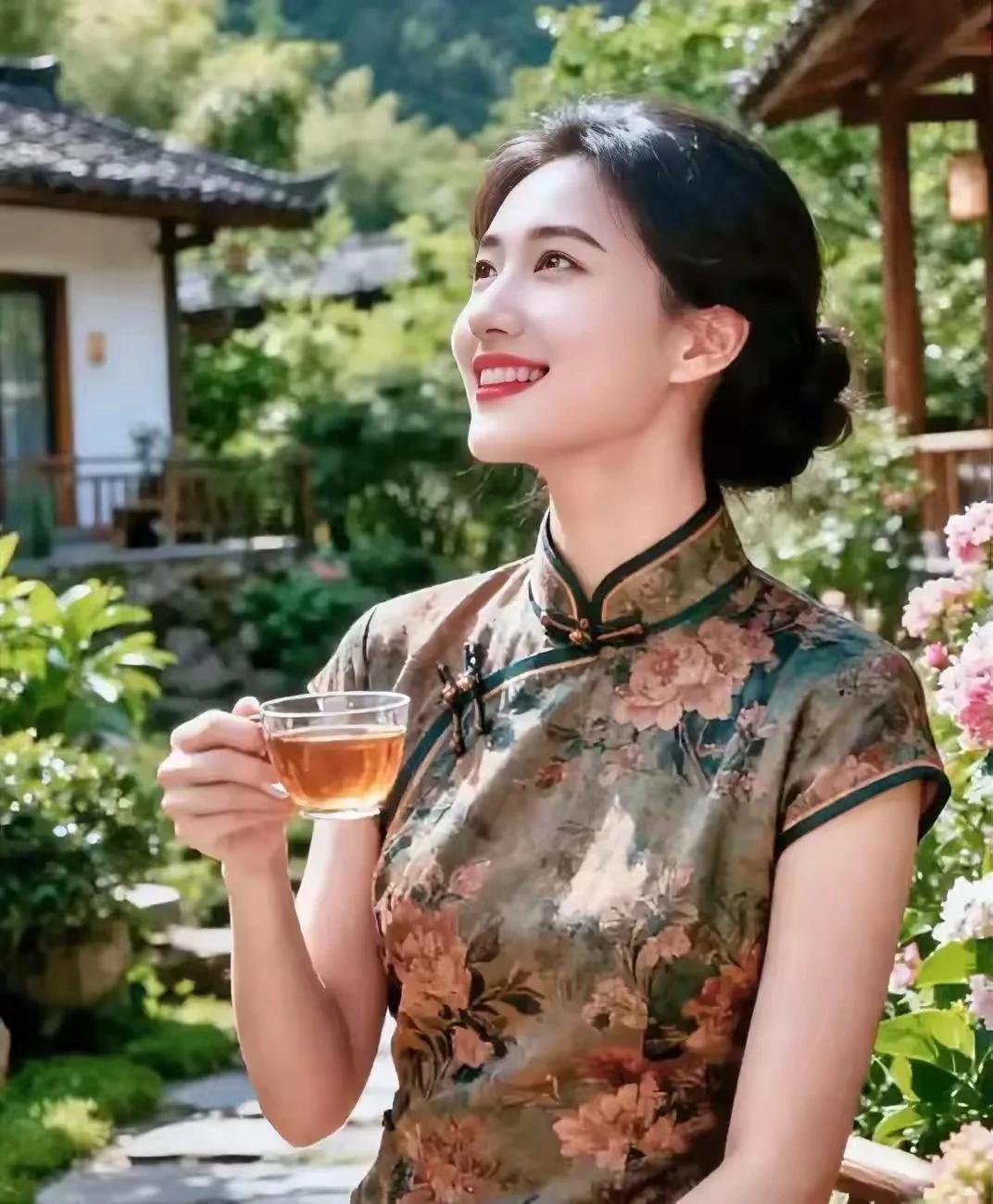 佳丽端坐在凉亭，休闲品茶赏美景。欢快思绪涌心头，佳期将近最开心。