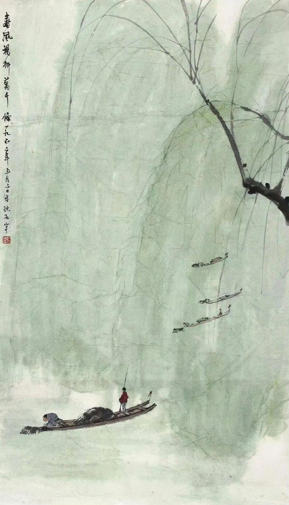 傅抱石的江南春幕，以抱石皴写沧桑老干，以狂草长线挥写垂丝，再泼染一片如烟柳荫