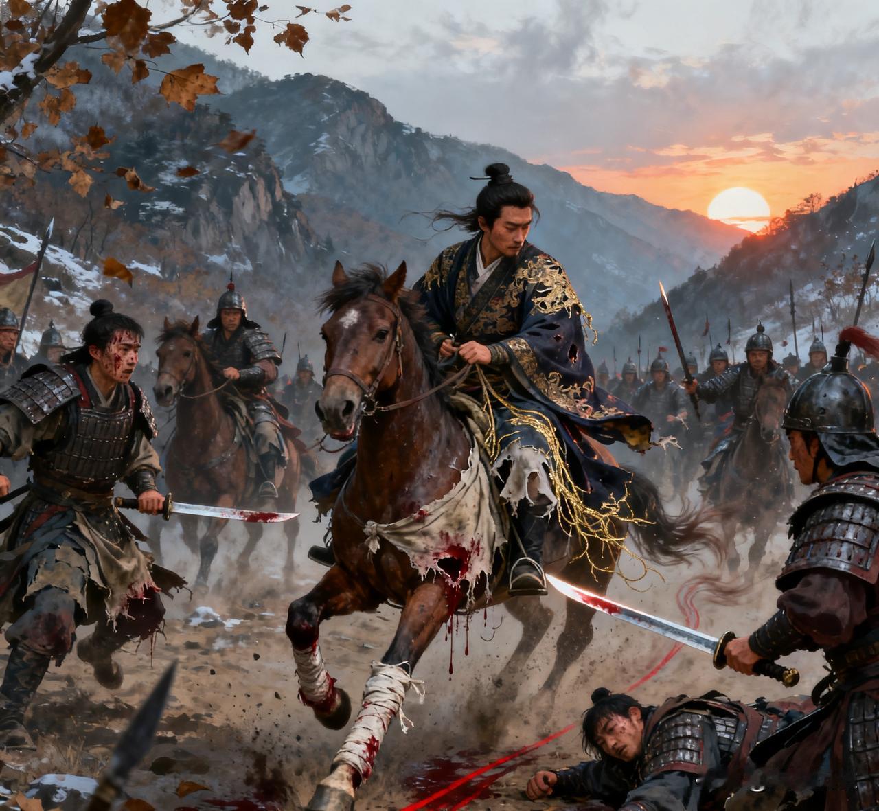 公元884年九月十五，黄巢带着最后十七骑冲过莱芜驿站。战马后腿被官军砍伤，众人拆