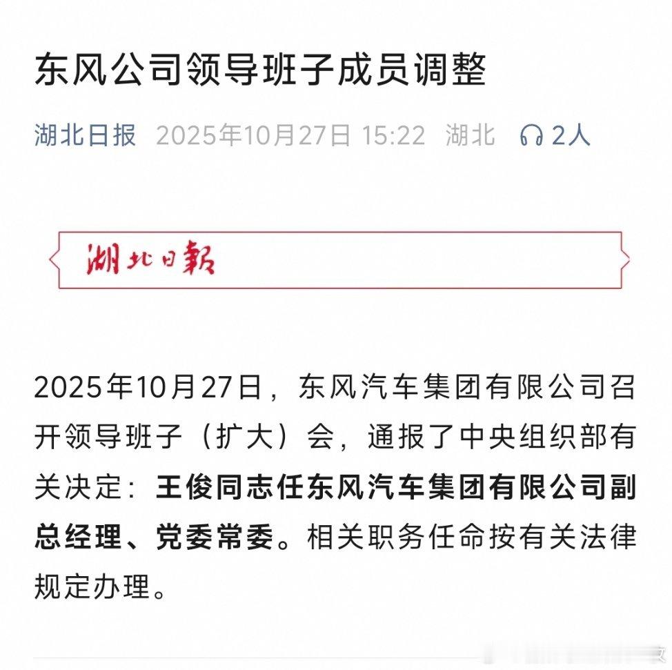 王俊任东风汽车集团有限公司副总经理、党委常委，此前曾任重庆长安汽车股份有限公司总
