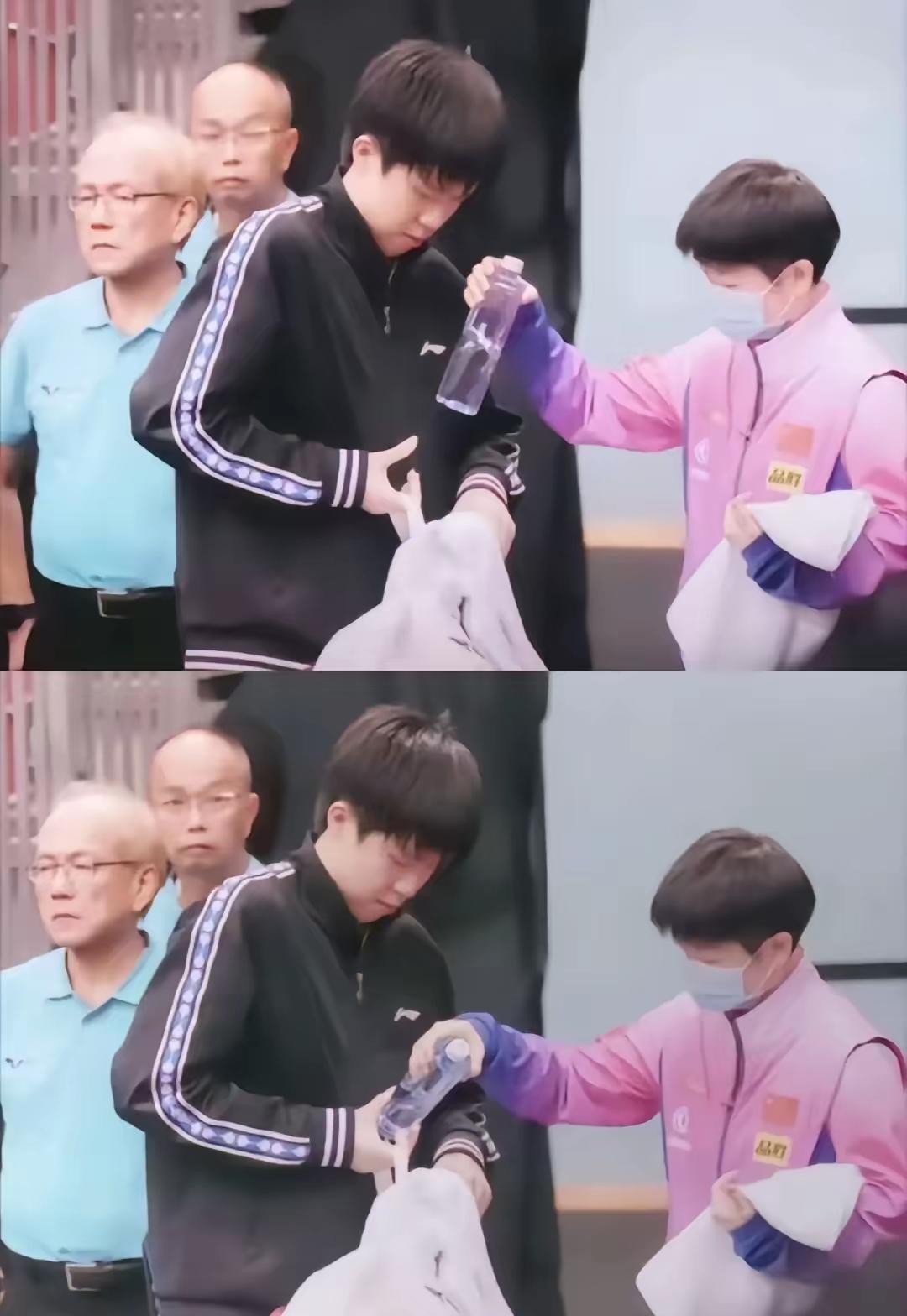 头哥包都快炸了，还顺手给妹宝捡球拍。她一转身，他立马把水递过去，像老爹管小闺女