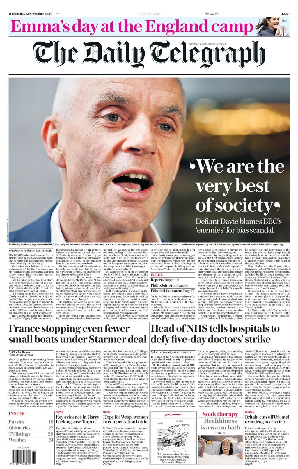 英国广播公司总经理蒂姆·戴维周日在宣布辞职后，对BBC员工发表的讲话登上了《每日