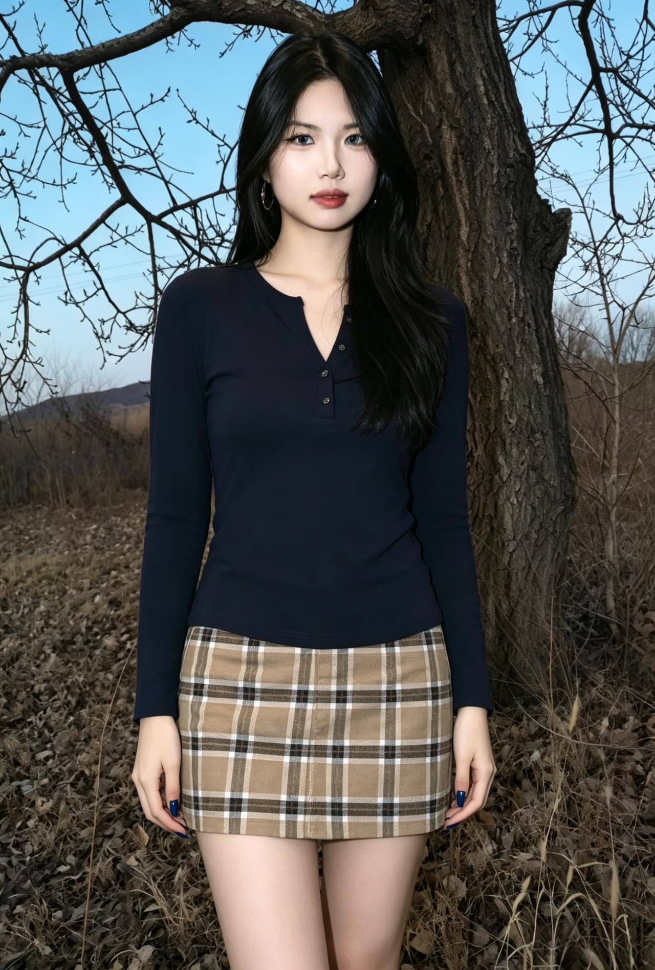 黑裙点点缀星河，V领轻开映笑涡。一抹红唇惊岁月，临风而立韵婆娑。