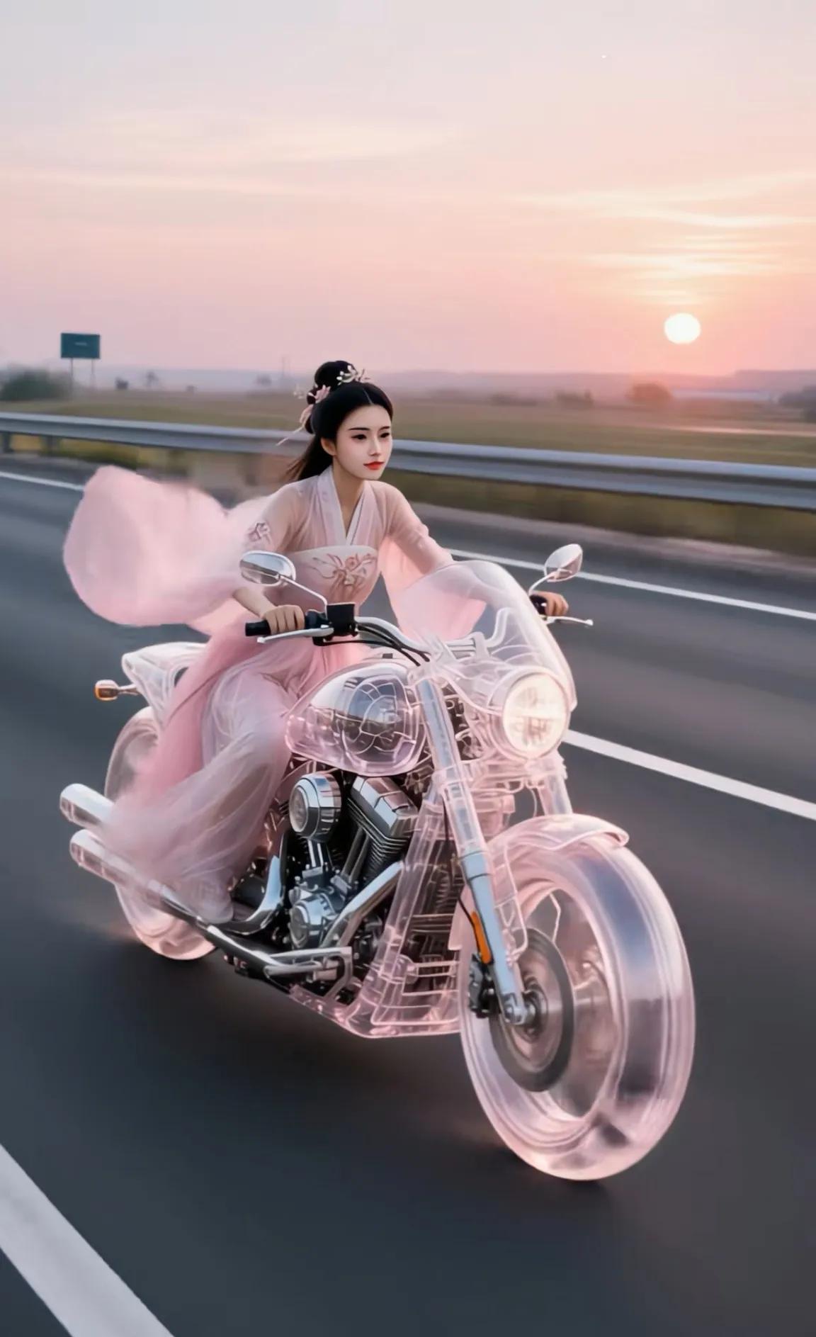 机车女侠！公路上，粉纱汉服猎猎作响，她跨坐在透明电动摩托上，像从盛唐画卷里骑马
