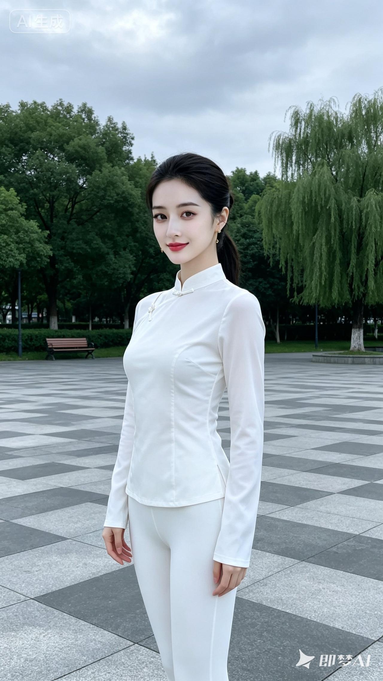 优雅白衣女子，公园里的清新时光