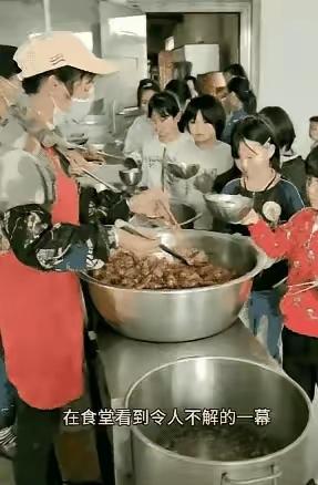 食堂的打饭窗口前，一个扎着马尾辫的小女孩端着空了的餐盘，安安静静地排在队伍里。轮