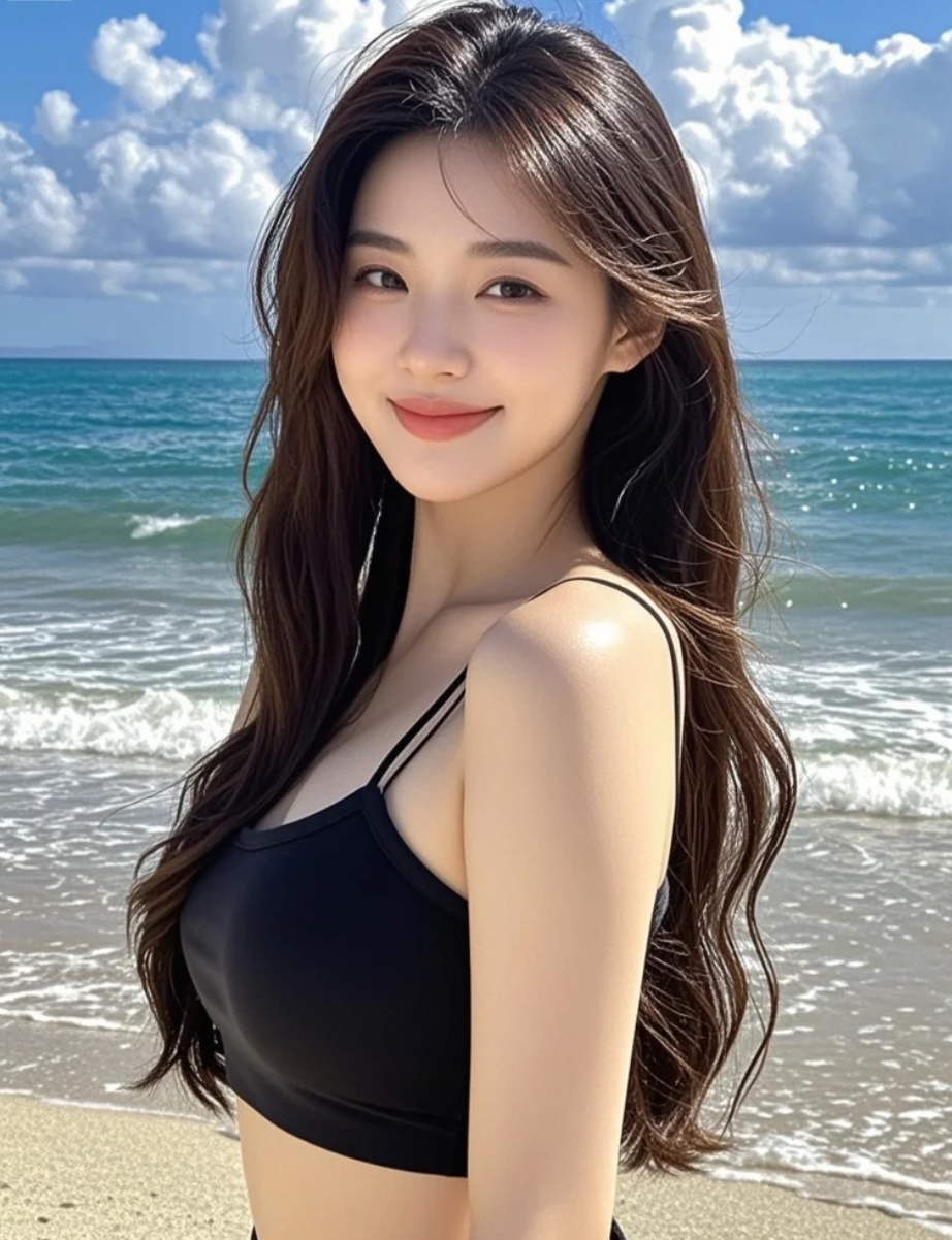 阳光洒在她身上，海风吹起她的发丝，美得刚刚好