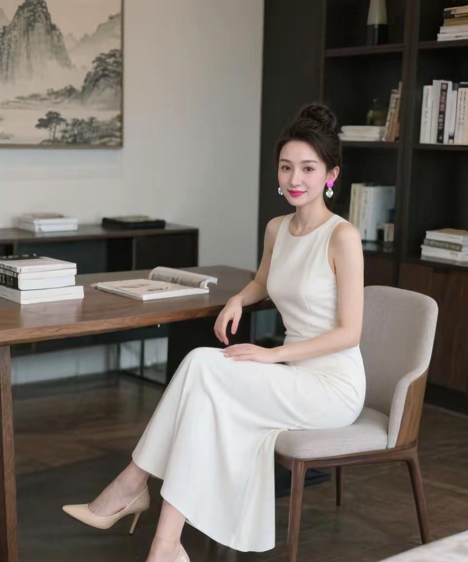 优雅白裙，静谧书房，书香满溢，静享时光。