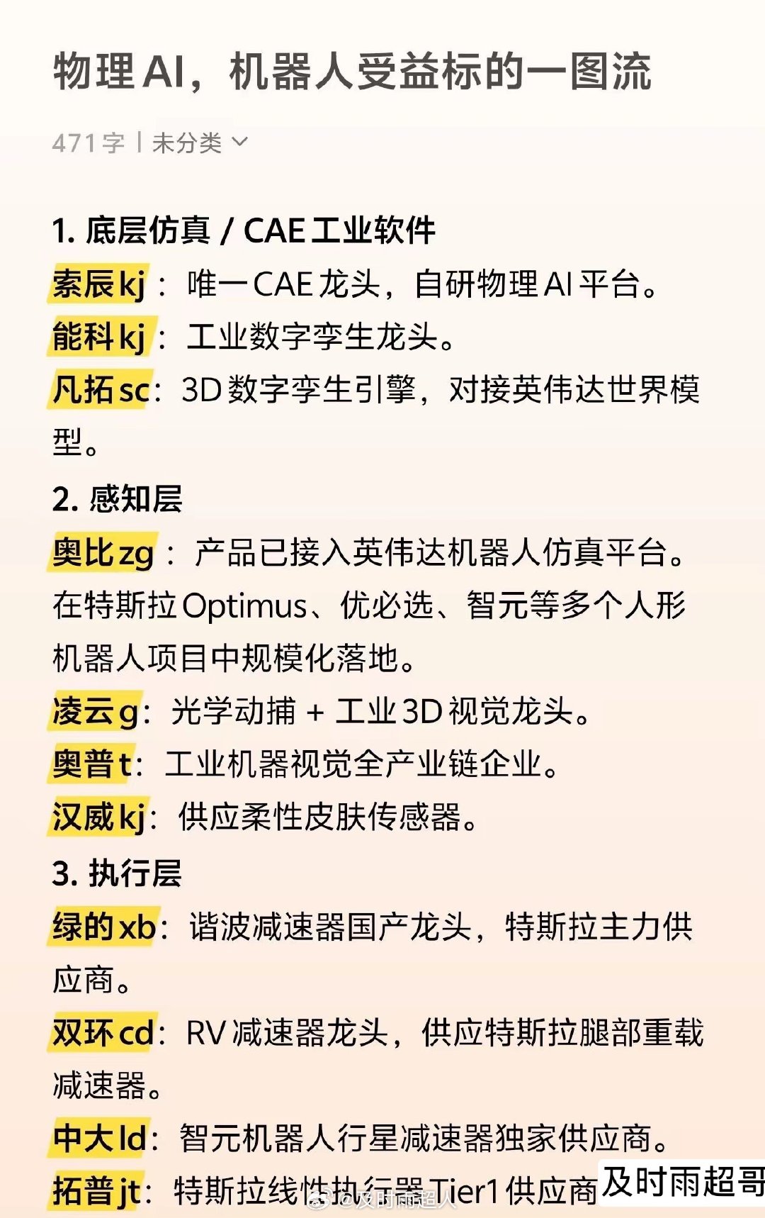 物理AI，机器人受益方向一图流汇总。仅供学习参考，不构成投资建议。