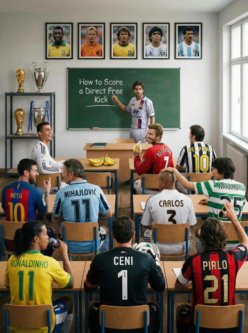 转发一张绝好趣图：谁是史上最佳任意球之王？感觉C罗是来旁听的。站在讲台上