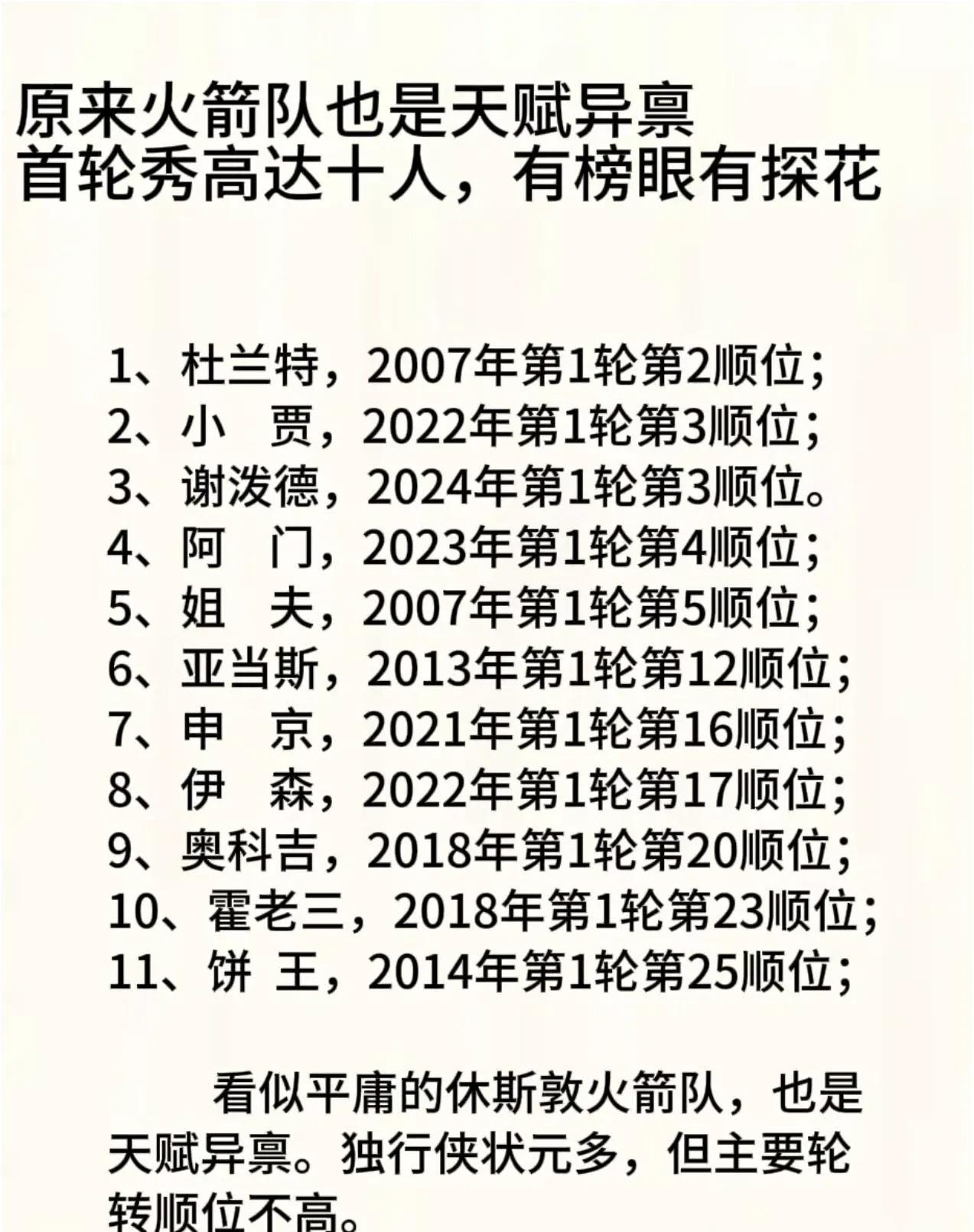 不服都不行!现役火箭队首轮秀竟然高达十人!天赋已经有了,剩下的就看配合和运气了,