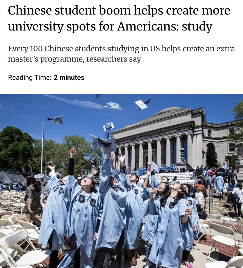 外媒：中国大学的快速扩张使得大量学生出国深造，其中约3%到4%的中国毕业生选择到