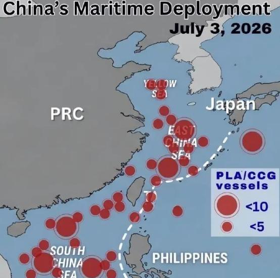 据外媒报道，台湾官员突然发现，截止7月3日，大陆已经在不知不觉中，向第一岛链沿线