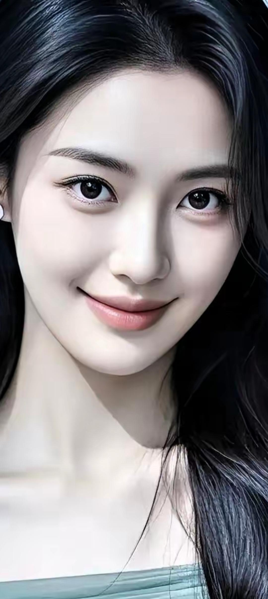 温柔甜美的微笑，黑发如瀑，清新自然。