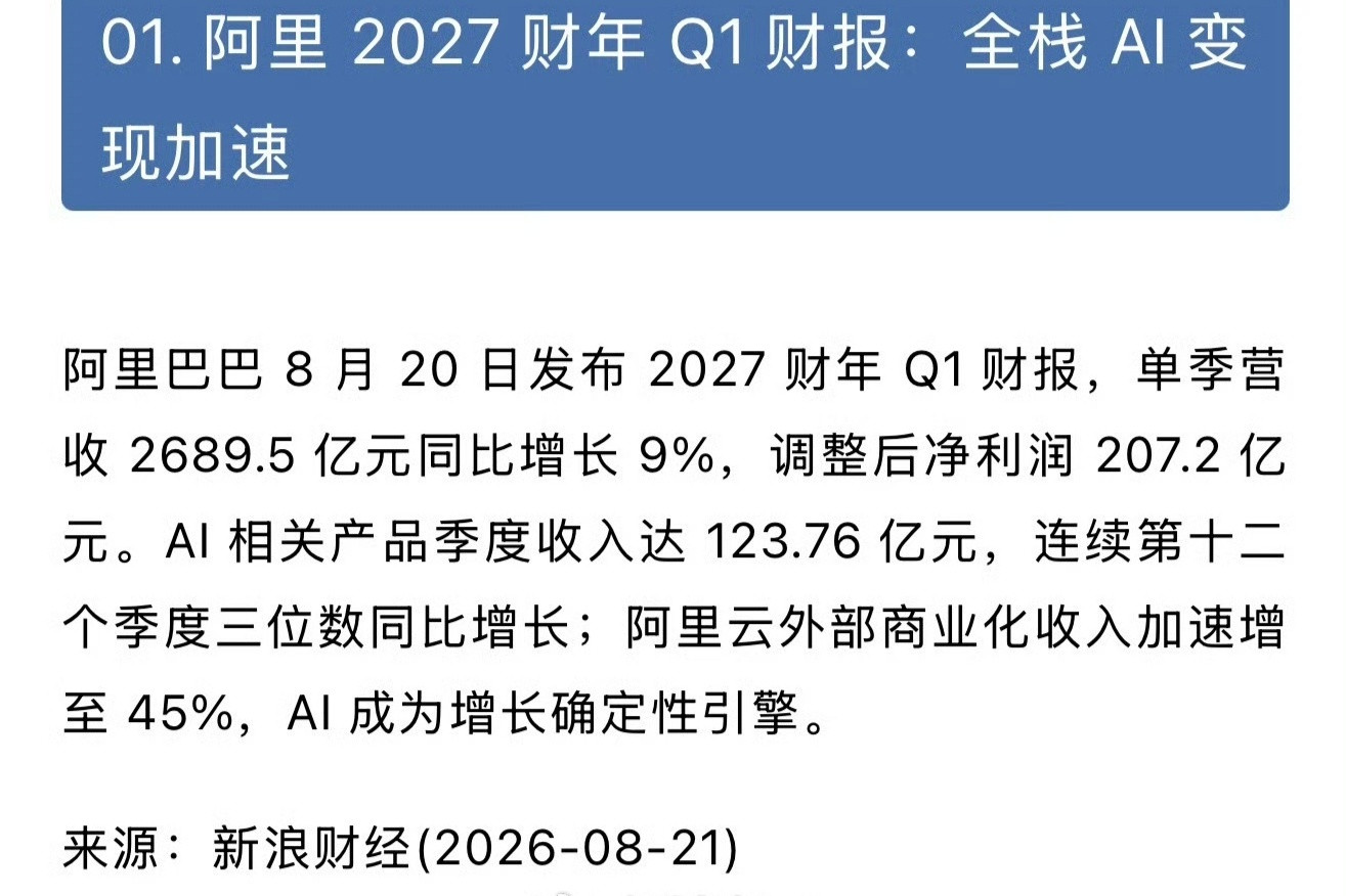 六年了，阿里云终于再次同时压过Azure和AWS一头。昨天发的2027财年Q1财报，最炸的不是集团9
