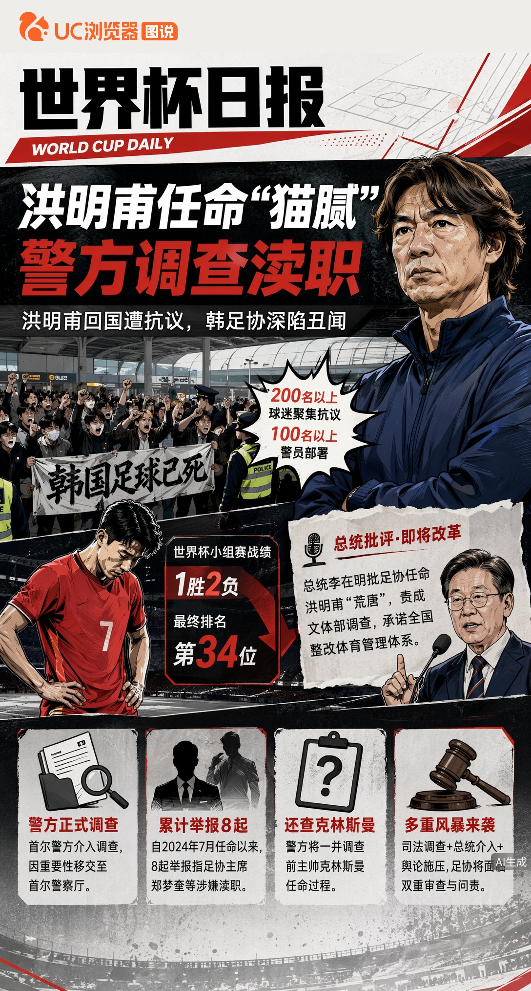 世界杯惨淡出局后！韩国警方调查洪明甫任命"猫腻"涉嫌渎职