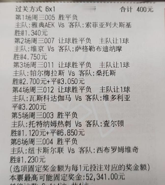 6串1的票，投注了50倍，还没有容错，这是不是有点太激进啦？有网友会说，这张彩