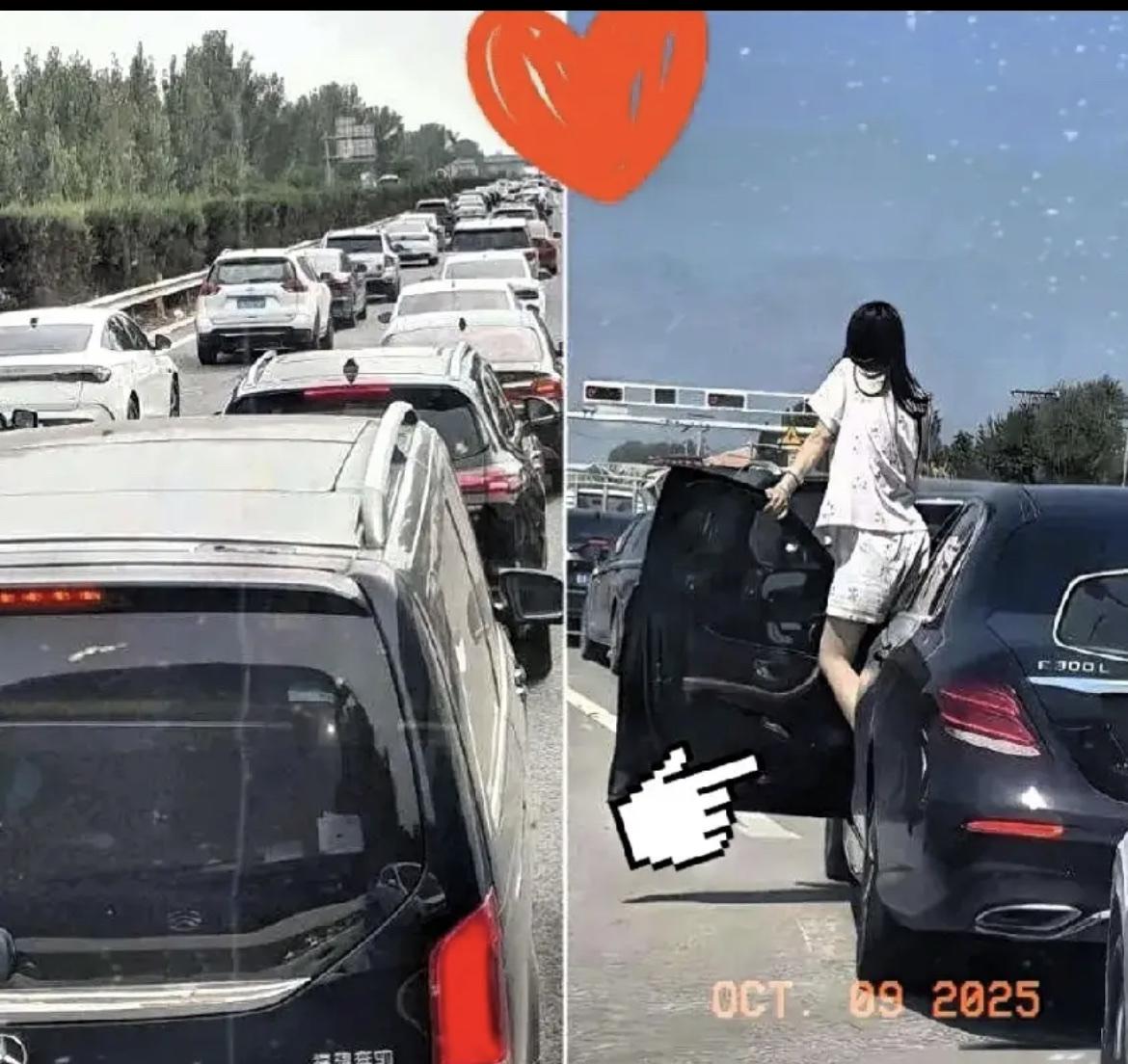 奔驰上的“睡衣姐”因为高速上堵车时的真实表现而走红。她的睡衣打扮很随意