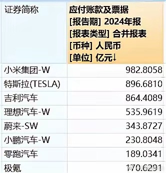 部分车企应付账款，数据来自已官方发布24年年报：小米：982亿特