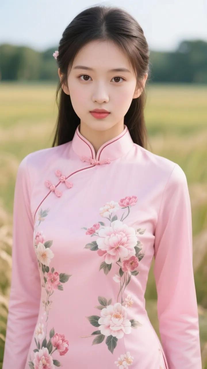 穿粉色旗袍的姑娘站在田野里。