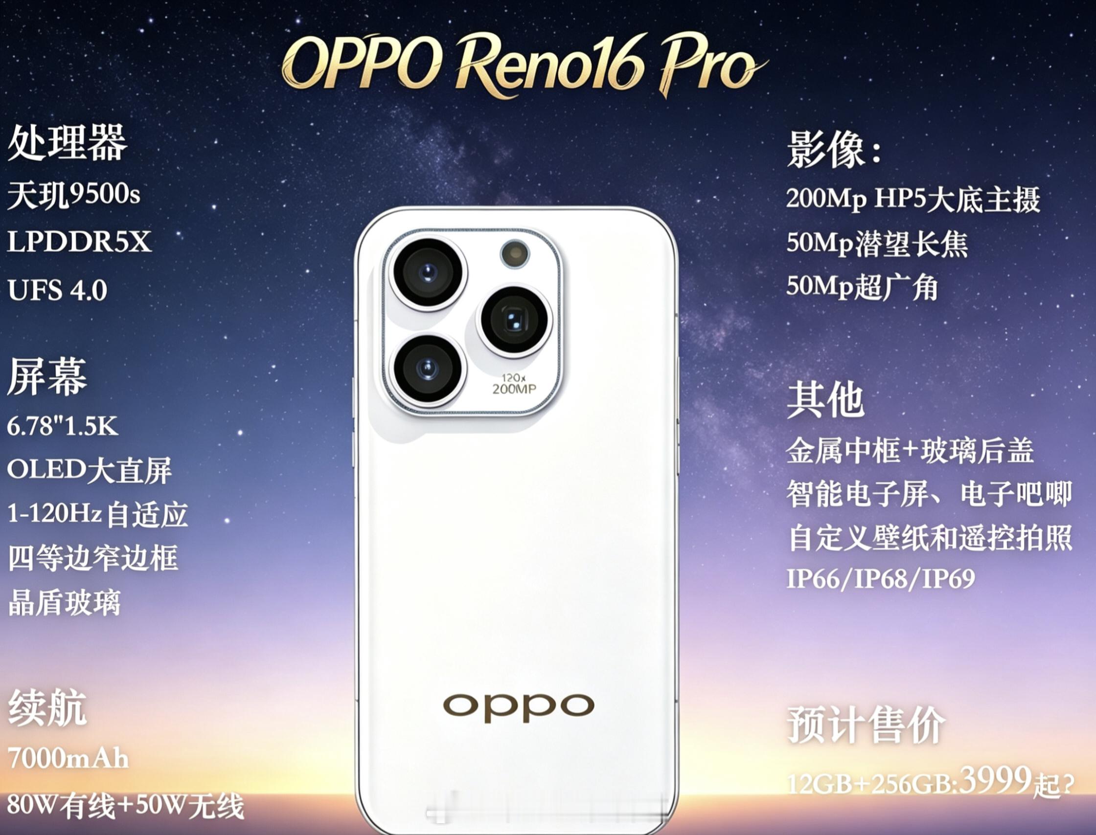 OPPOReno16Pro月底发！天玑9500s+2亿HP5大底+7K电池卖