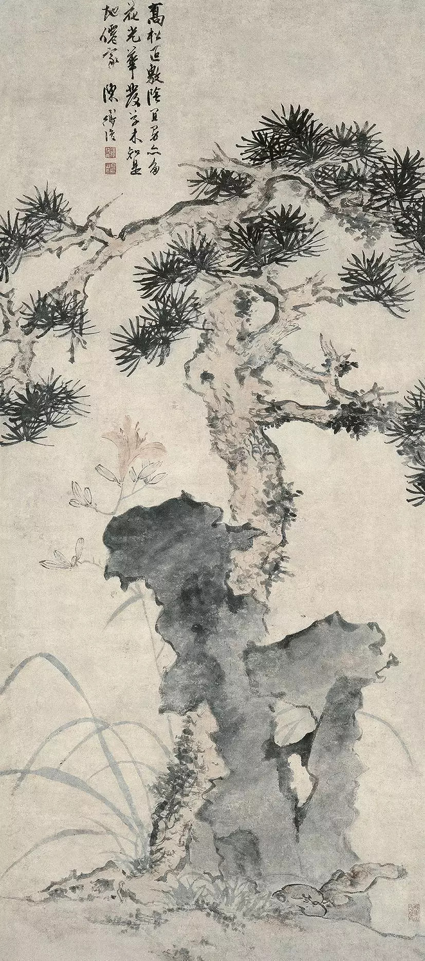 陈淳《松石萱花图》轴，南京博物院藏。陈淳（1484—1544）是明代吴门书派、画