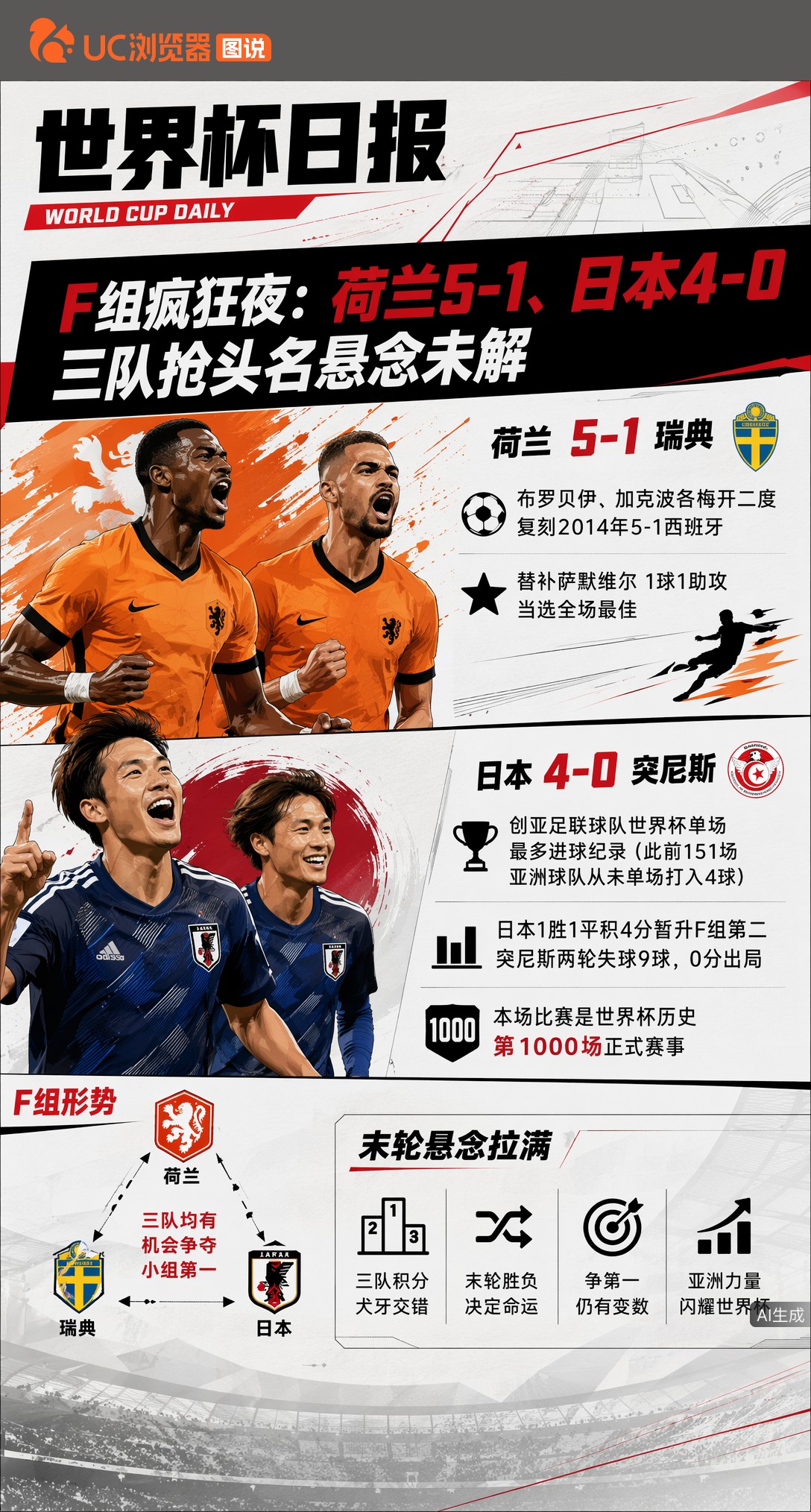 F组疯狂夜：荷兰5-1、日本创亚洲纪录4-0，三队抢头名悬念未解