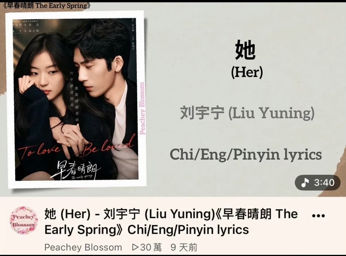 刘宇宁的ost《她》剧播期间在youtube已成爆曲，仅九天累计超过159万