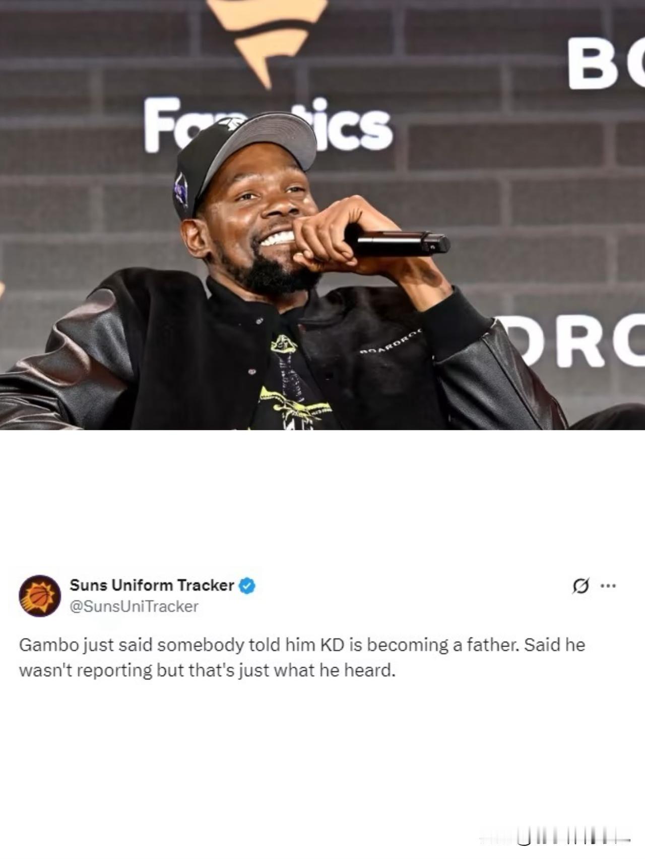 你没听错，单身钻石王老五的杜兰特要当爸爸了？！据太阳队记者、亚利桑那电台主持人