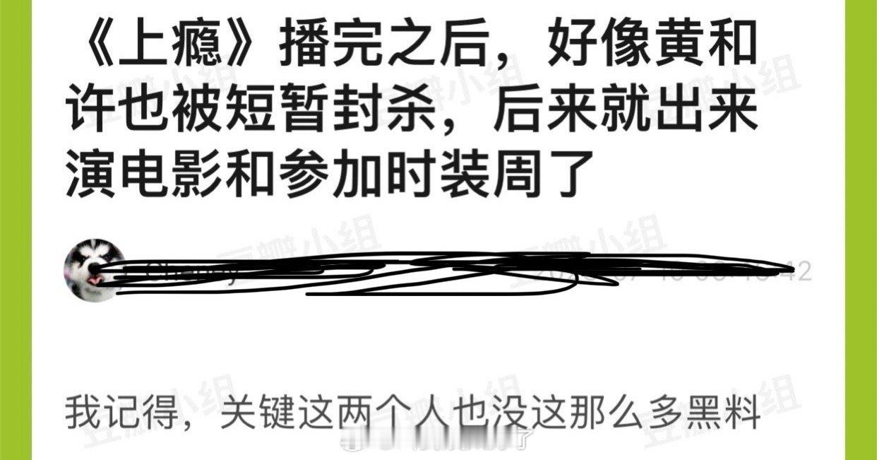 有网友说当年《上瘾》播完之后，黄景瑜、许魏洲也被短暂封杀，后来就出来演电影和参加