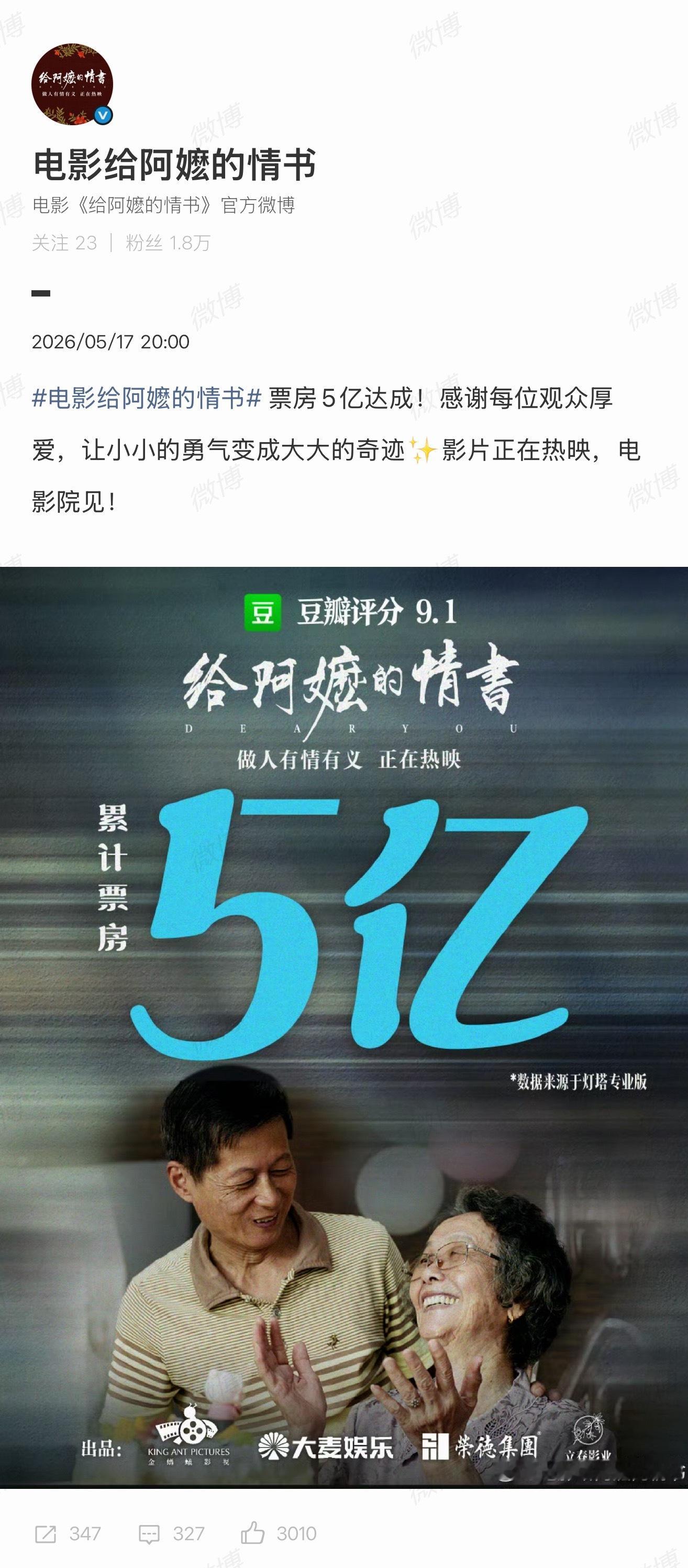 【给阿嬷的情书回应票房破5亿】5月17日晚，票房5亿达成！对此，官方发文表示：