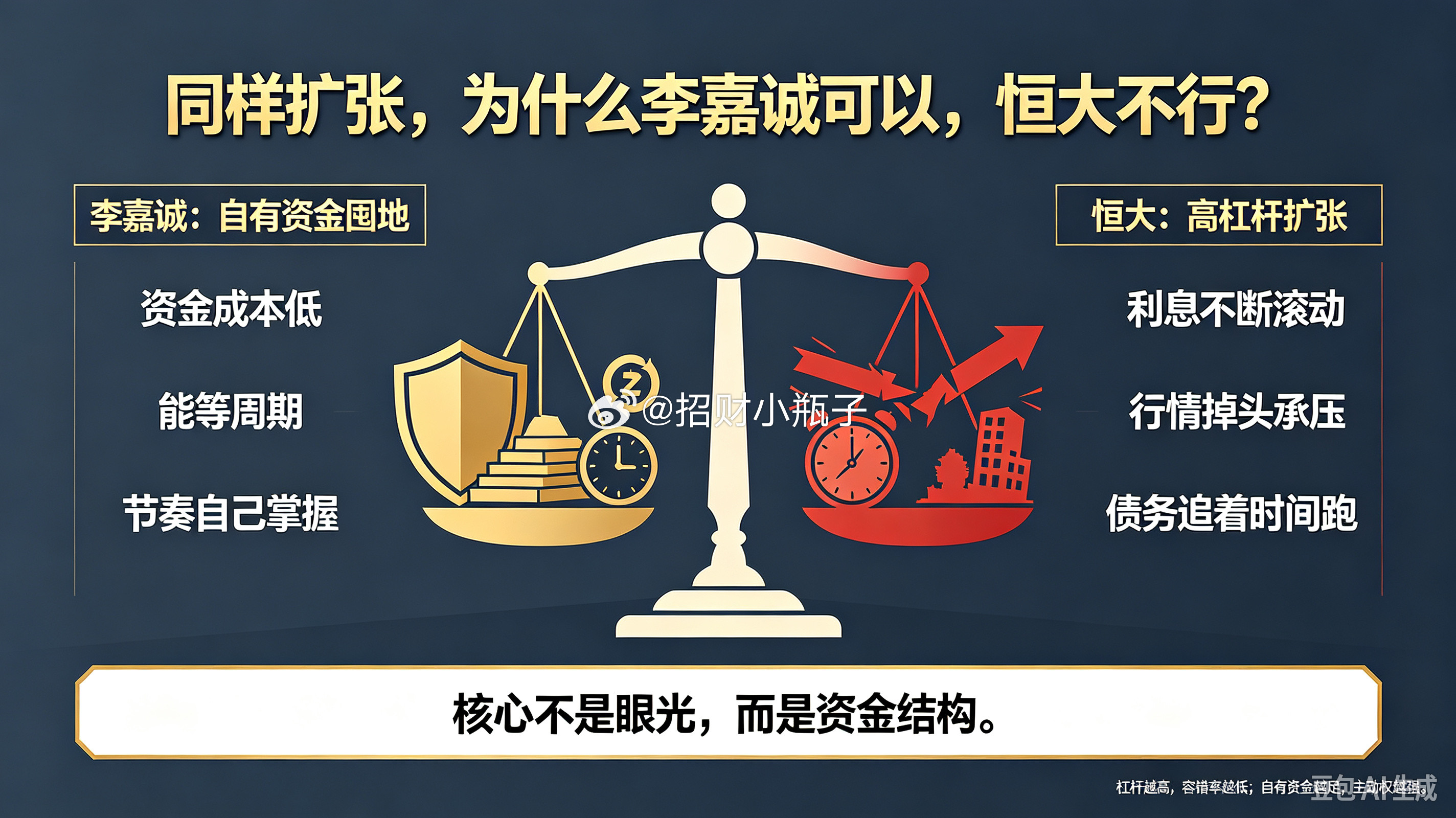 同样囤地，李嘉诚和许家印结局天差地别，核心就是资金结构不同。李嘉诚多用自有资金拿